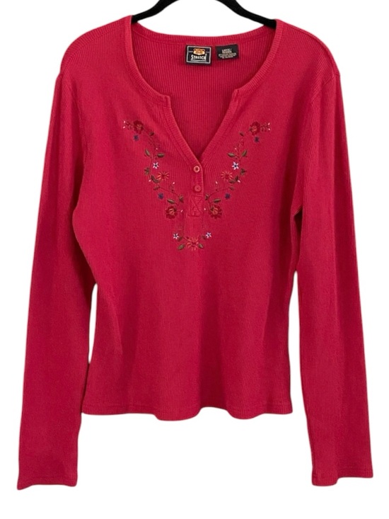 Route 66 Tops - Y2K Red Floral Embroidered Henley Thermal Shirt L Long Sleeve Fairy Grunge Boho